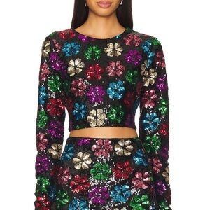 Show Me Your Mumu Last Call Multicolored Sequined Floral Long Sleeve Crop Top